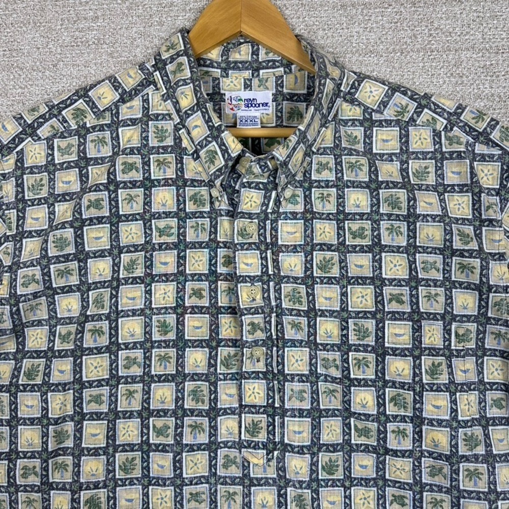 Vtg Y2K Reyn Spooner Sz 3XL Turtle Palm Tree Squares Geo Hawaiian Tropical Kloth
